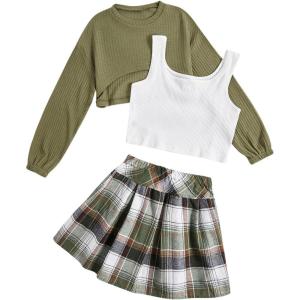 imageOYOANGLE Girls 3 Piece Outfit Tank Top and Plaid Pleated Skirt with High Low Hem Crop Shirt SetMulticolor