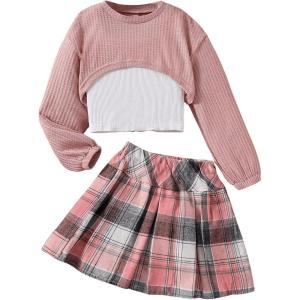 imageOYOANGLE Girls 3 Piece Outfit Tank Top and Plaid Pleated Skirt with High Low Hem Crop Shirt SetPink