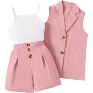 imageOYOANGLE Girls 3 Piece Outfits Suit Set Button Sleeveless Blazer Vest and Ribbed Cami Top with Pleated ShortsDusty Pink