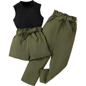 imageOYOANGLE Girls 3 Piece Outfits Tank Top and Paperbag Waist Pants and Belted Shorts Sets with Pockets Cute Clothing SetGreen