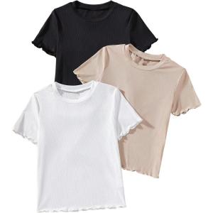 imageOYOANGLE Girls 3 Piece Short Sleeve Tees Crew Neck Ribbed Knit Tee Shirts Basic Solid Crew Neck TShirtBlack Multi