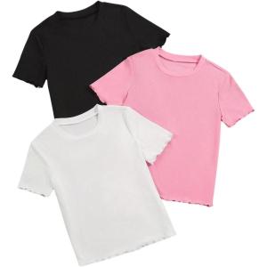 imageOYOANGLE Girls 3 Piece Short Sleeve Tees Crew Neck Ribbed Knit Tee Shirts Basic Solid Crew Neck TShirtPink White Multi