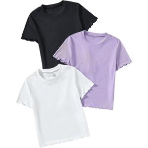 imageOYOANGLE Girls 3 Piece Short Sleeve Tees Crew Neck Ribbed Knit Tee Shirts Basic Solid Crew Neck TShirtWhite Black Purple
