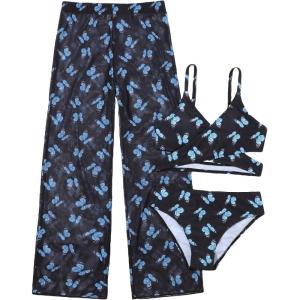 imageOYOANGLE Girls 3 Piece Swimsuit Butterfly Print Criss Cross Bikini Set Bathing Suit with Mesh PantsBlack