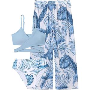 imageOYOANGLE Girls 3 Piece Swimsuit Butterfly Print Criss Cross Bikini Set Bathing Suit with Mesh PantsBlue White