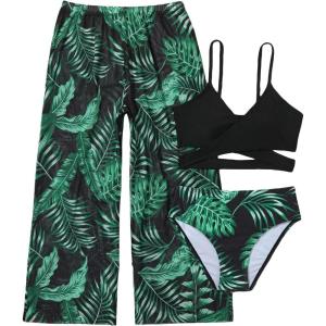imageOYOANGLE Girls 3 Piece Swimsuit Butterfly Print Criss Cross Bikini Set Bathing Suit with Mesh PantsGreen Black