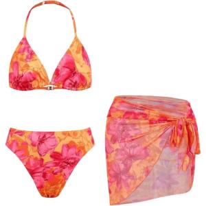 imageOYOANGLE Girls 3 Piece Triangle Swimsuits Floral Print High Waisted Halter Bikini Set with Cover Up SkirtOrange