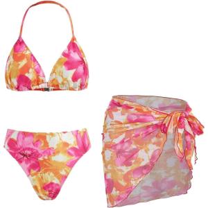 imageOYOANGLE Girls 3 Piece Triangle Swimsuits Floral Print High Waisted Halter Bikini Set with Cover Up SkirtPink