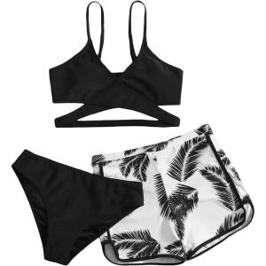 imageOYOANGLE Girls 3 Piece Tropical Print Criss Cross Bikini Set Swimsuit Bathing Suit with ShortsBlack