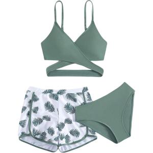 imageOYOANGLE Girls 3 Piece Tropical Print Criss Cross Bikini Set Swimsuit Bathing Suit with ShortsGreen and White