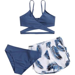 imageOYOANGLE Girls 3 Piece Tropical Print Criss Cross Bikini Set Swimsuit Bathing Suit with ShortsTeal Blue