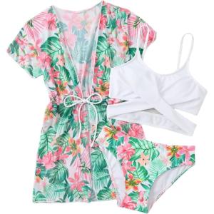 imageOYOANGLE Girls 3 Piece Tropical Print Criss Cross Bikini Swimsuit with Cover Up KimonoGreen Pink