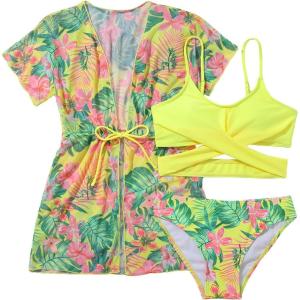 imageOYOANGLE Girls 3 Piece Tropical Print Criss Cross Bikini Swimsuit with Cover Up KimonoYellow and Green
