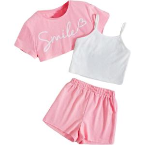 imageOYOANGLE Girls 3 Pieces Summer Outfits Graphic Print Crop Tee Top and Cami Top with Shorts SetLight Pink