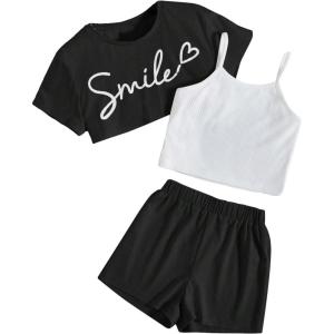 imageOYOANGLE Girls 3 Pieces Summer Outfits Graphic Print Crop Tee Top and Cami Top with Shorts SetWhite and Black