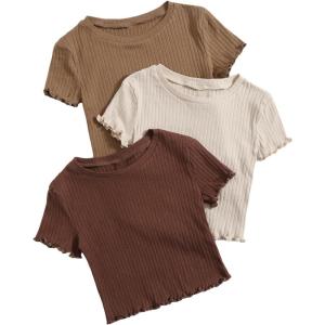 imageOYOANGLE Girls 3Pcs RibKnit Short Sleeve Crop Top Crew Neck Lettuce Trim Crop Tee TopBeige Khaki Brown