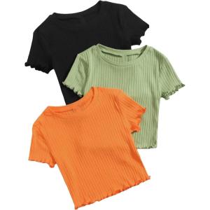 imageOYOANGLE Girls 3Pcs RibKnit Short Sleeve Crop Top Crew Neck Lettuce Trim Crop Tee TopBlack Green Orange
