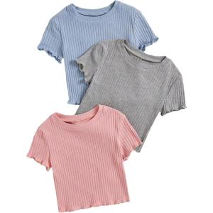 imageOYOANGLE Girls 3Pcs RibKnit Short Sleeve Crop Top Crew Neck Lettuce Trim Crop Tee TopDusty Pink