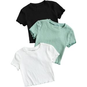 imageOYOANGLE Girls 3Pcs RibKnit Short Sleeve Crop Top Crew Neck Lettuce Trim Crop Tee TopGreen White Black