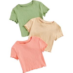 imageOYOANGLE Girls 3Pcs RibKnit Short Sleeve Crop Top Crew Neck Lettuce Trim Crop Tee TopGreen Yellow