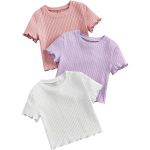imageOYOANGLE Girls 3Pcs RibKnit Short Sleeve Crop Top Crew Neck Lettuce Trim Crop Tee TopMauve Purple