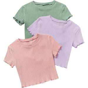 imageOYOANGLE Girls 3Pcs RibKnit Short Sleeve Crop Top Crew Neck Lettuce Trim Crop Tee TopPink Purple Green