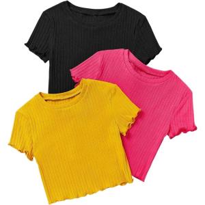 imageOYOANGLE Girls 3Pcs RibKnit Short Sleeve Crop Top Crew Neck Lettuce Trim Crop Tee TopPink Yellow Black