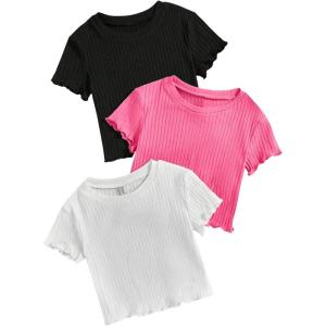 imageOYOANGLE Girls 3Pcs RibKnit Short Sleeve Crop Top Crew Neck Lettuce Trim Crop Tee TopWatermelon Pink