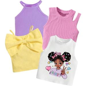 imageOYOANGLE Girls 4 Pack Cami Top Set Sleeveless Ribbed Knit Slim Fit Cute Crop Tank TopsMulticolor