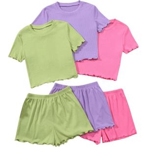 imageOYOANGLE Girls 6 Piece Outfits Crew Neck Short Sleeve Lettuce Trim Tee Shirt and Shorts SetsMulticolor