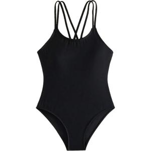 imageOYOANGLE Girls Basic One Piece Swimsuit Criss Cross Spaghetti Strap Sports Training Bathing SuitBlack