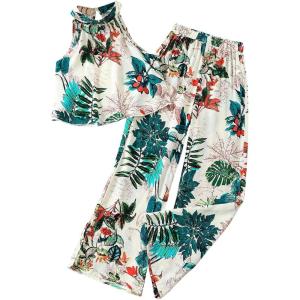 imageOYOANGLE Girls Boho 2 Piece Outfits Tropical Print Halter Tank Top and Wide Leg Pants Set Vacation OutfitBeige and Green