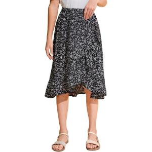imageOYOANGLE Girls Boho Chiffon Floral Print Ruffle Hem Asymmetrical Elastic High Waist Flowy Midi SkirtBlack