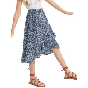 imageOYOANGLE Girls Boho Chiffon Floral Print Ruffle Hem Asymmetrical Elastic High Waist Flowy Midi SkirtDusty Blue