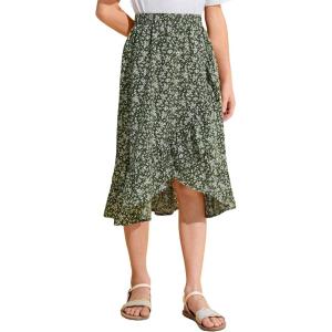 imageOYOANGLE Girls Boho Chiffon Floral Print Ruffle Hem Asymmetrical Elastic High Waist Flowy Midi SkirtGreen