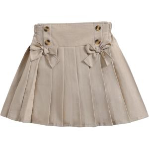 imageOYOANGLE Girls Bow Knot Elastic High Waist Pleated Skirt Button Decor A Line Short SkirtsKhaki