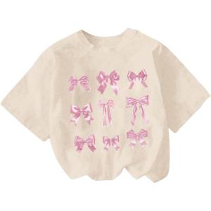 imageOYOANGLE Girls Bow Print T Shirt Crew Neck Short Sleeve Drop Shoulder Loose Casual Tee TopsBeige