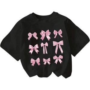 imageOYOANGLE Girls Bow Print T Shirt Crew Neck Short Sleeve Drop Shoulder Loose Casual Tee TopsBlack