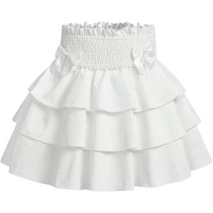 imageOYOANGLE Girls Bow Shirred High Waist Skirts Tiered Layers Ruffle A Line Short SkirtsWhite