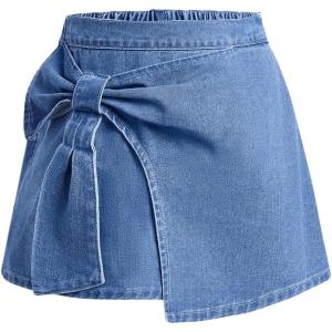 imageOYOANGLE Girls Bowknot Elastic High Waist Short Denim Skirt Asymmetrical Wrap Hem Jean SkirtsLight Wash