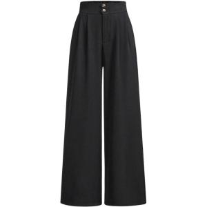 imageOYOANGLE Girls Button Down Elastic High Waist Wide Leg Pants Casual Solid Trousers with PocketsBlack