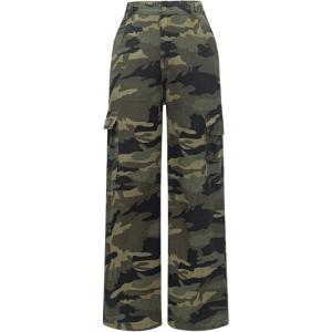 imageOYOANGLE Girls Camo Print Cargo Pants Flap Pocket Mid Waist Wide Leg Casual JeansArmy Green