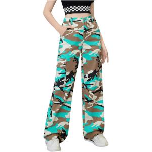 imageOYOANGLE Girls Camo Print Cargo Pants Flap Pocket Mid Waist Wide Leg Casual JeansBrown Multi