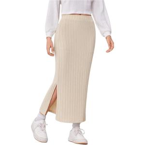 imageOYOANGLE Girls Casual High Elastic Waist Ribbed Knit Split Hem Solid Midi SkirtApricot