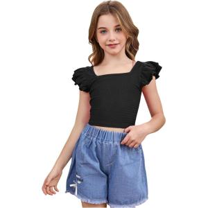 imageOYOANGLE Girls Casual Solid Ruffle Trim Cap Sleeve Square Neck Cute Crop Tank Tops TShirtsBlack