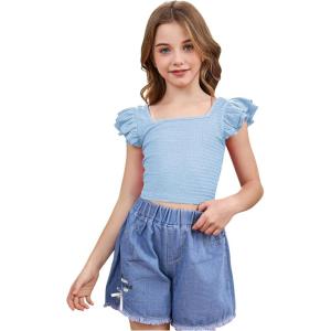 imageOYOANGLE Girls Casual Solid Ruffle Trim Cap Sleeve Square Neck Cute Crop Tank Tops TShirtsBlue