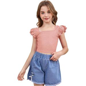 imageOYOANGLE Girls Casual Solid Ruffle Trim Cap Sleeve Square Neck Cute Crop Tank Tops TShirtsLight Pink