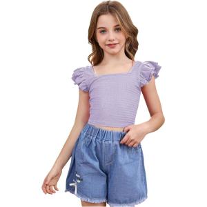 imageOYOANGLE Girls Casual Solid Ruffle Trim Cap Sleeve Square Neck Cute Crop Tank Tops TShirtsLilac Purple