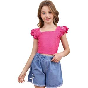 imageOYOANGLE Girls Casual Solid Ruffle Trim Cap Sleeve Square Neck Cute Crop Tank Tops TShirtsPink