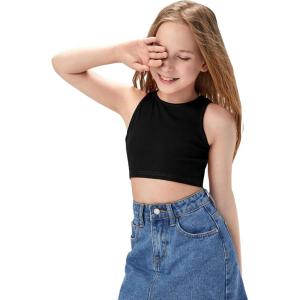 imageOYOANGLE Girls Casual Solid Sleeveless Round Neck Slim Fit Basic Crop Tank TopBlack